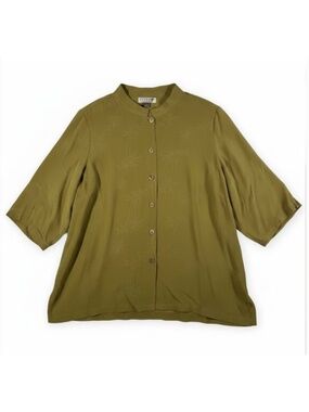 Citron Santa Monica Silk Tunic Top Green Jacquard Button Front 3X